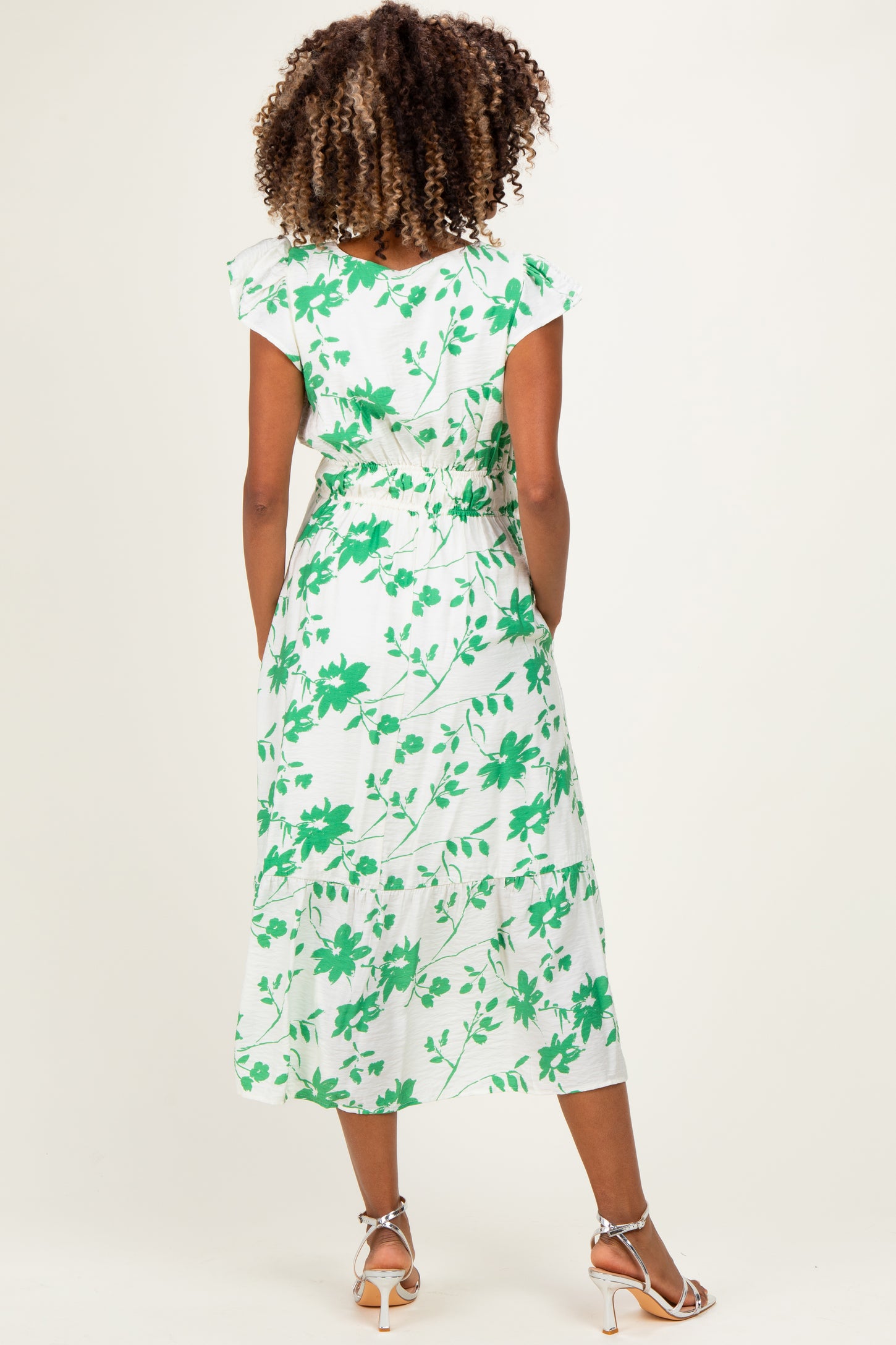 Green Floral Button Detail Maternity Midi Dress
