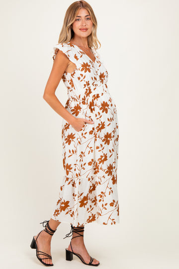 Brown Floral Button Detail Maternity Midi Dress