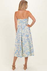 Light Blue Strapless Floral Maxi Dress