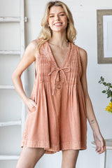 Brick Deep V-Neck Pleated Front Tie Sleeveless Maternity Romper