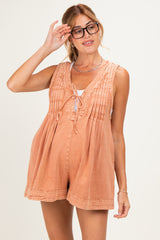 Brick Deep V-Neck Pleated Front Tie Sleeveless Maternity Romper