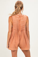 Brick Deep V-Neck Pleated Front Tie Sleeveless Maternity Romper