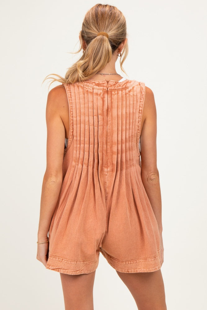 Brick Deep V-Neck Pleated Front Tie Sleeveless Maternity Romper