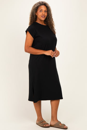 Black Plus Round Neck Short Sleeve Midi Dress