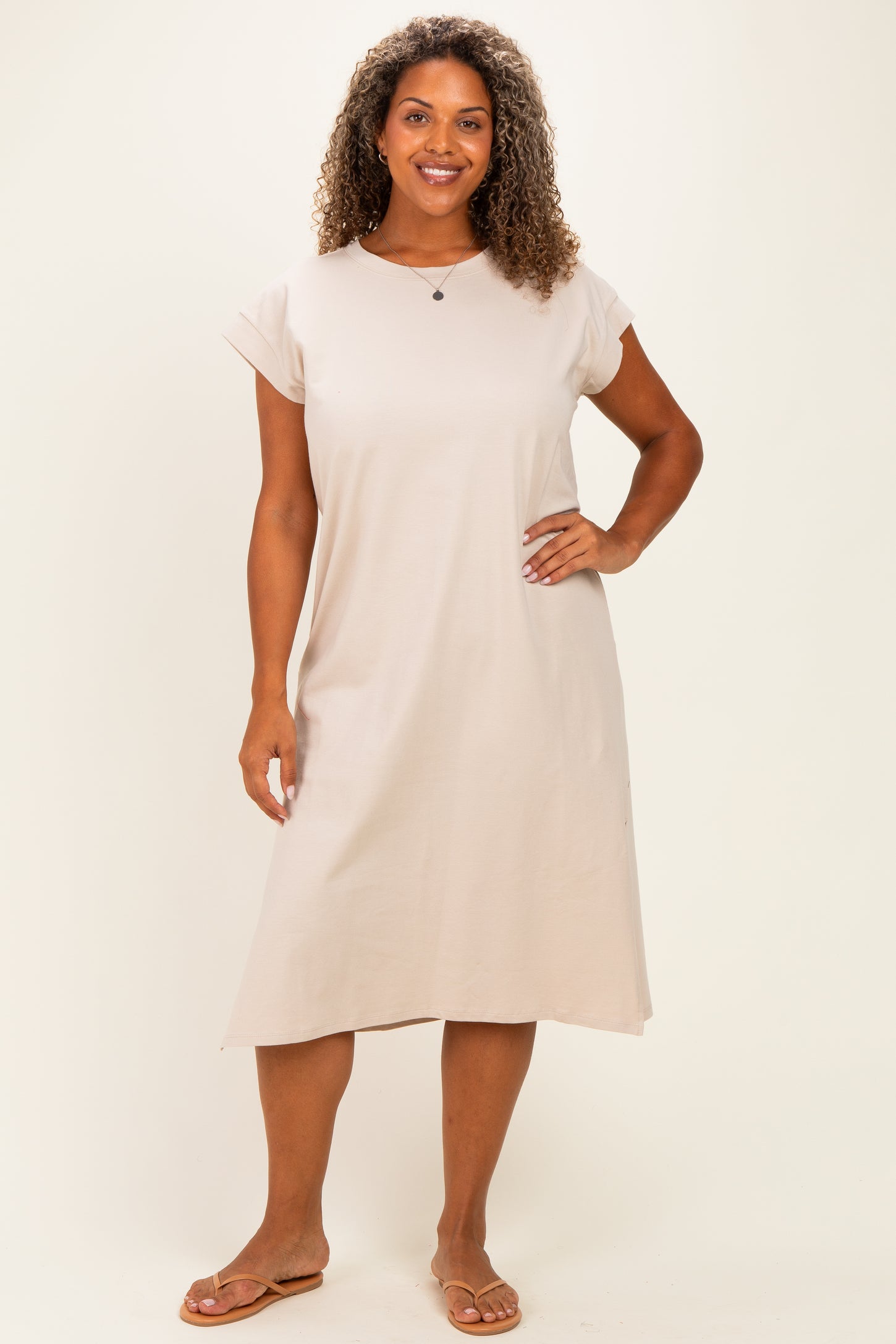 plus size beige dress Haltered Double Flare it falls into a flattering midi silhouette ideal for effortless styling Beige Plus Round Neck Short