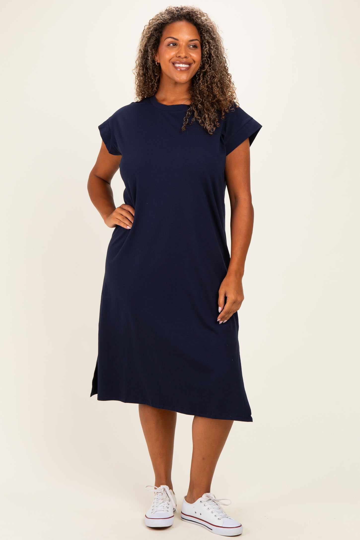 Navy Plus Round Neck Short Sleeve Midi Dress