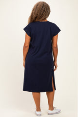 Navy Plus Round Neck Short Sleeve Midi Dress