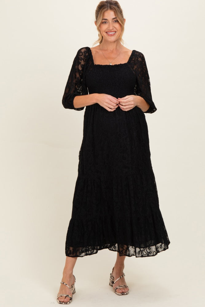 Black Lace Smocked Maternity Midi Dress Black Lace Smocked Maternity Midi Dress