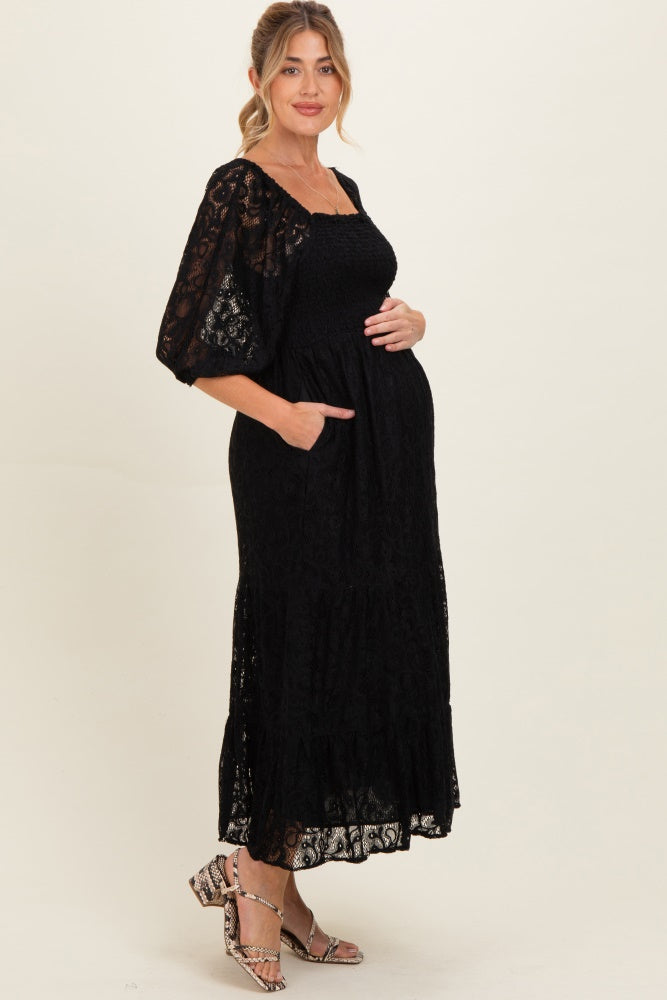 Black Lace Smocked Maternity Midi Dress Black Lace Smocked Maternity Midi Dress