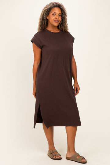 Brown Plus Round Neck Short Sleeve Midi Dress