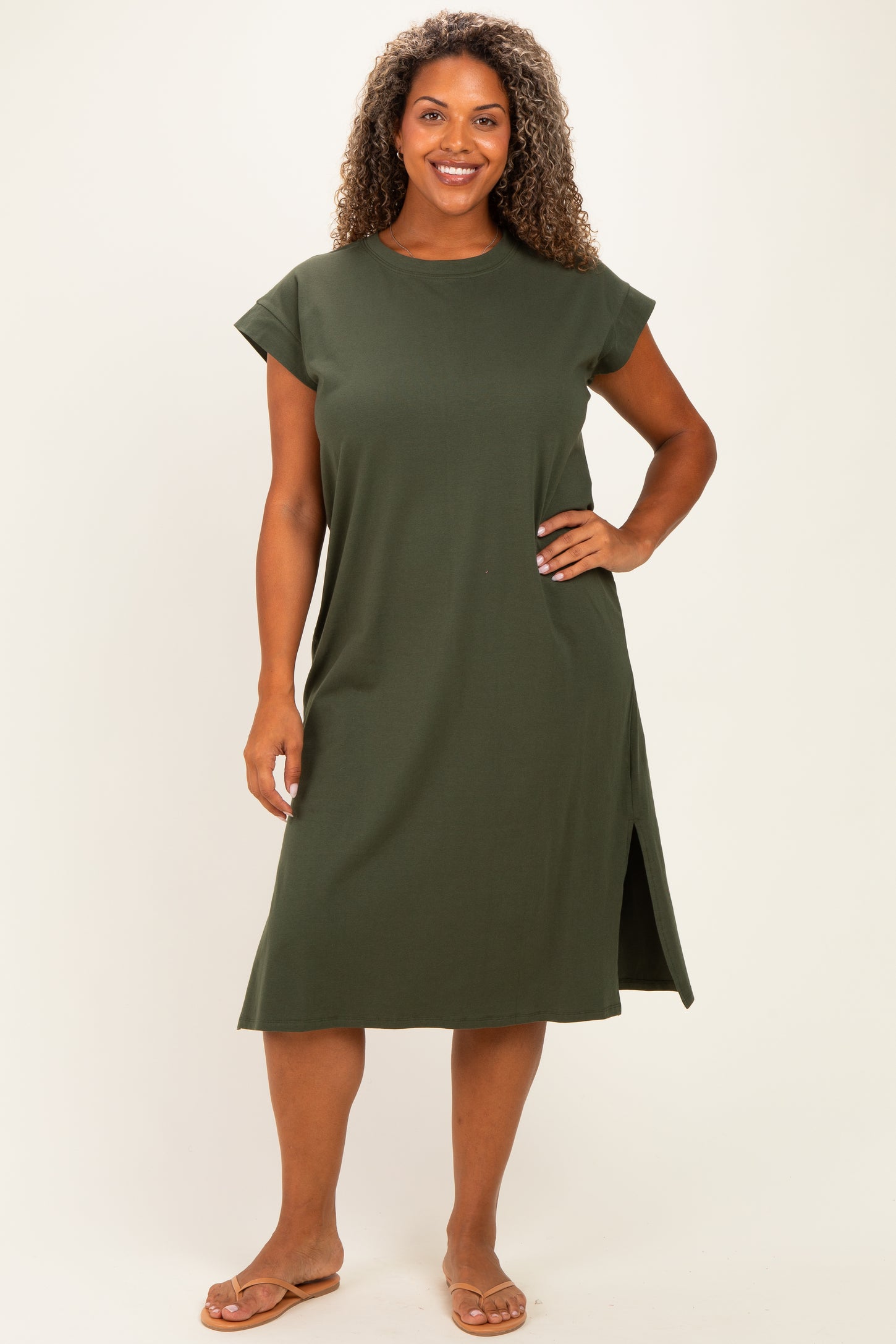 Olive Plus Round Neck Short Sleeve Midi Dress – PinkBlush