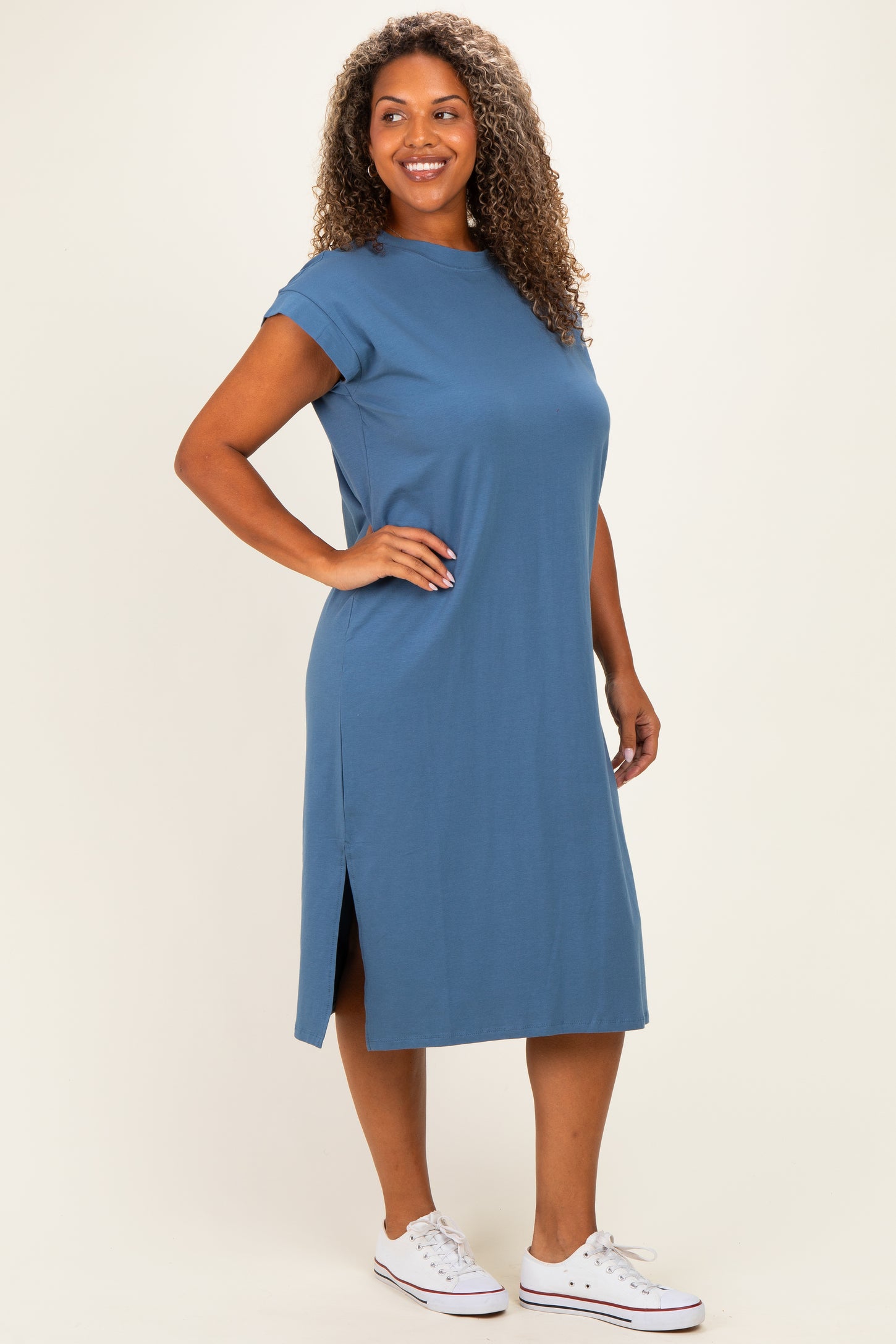 Blue Plus Round Neck Short Sleeve Midi Dress – PinkBlush