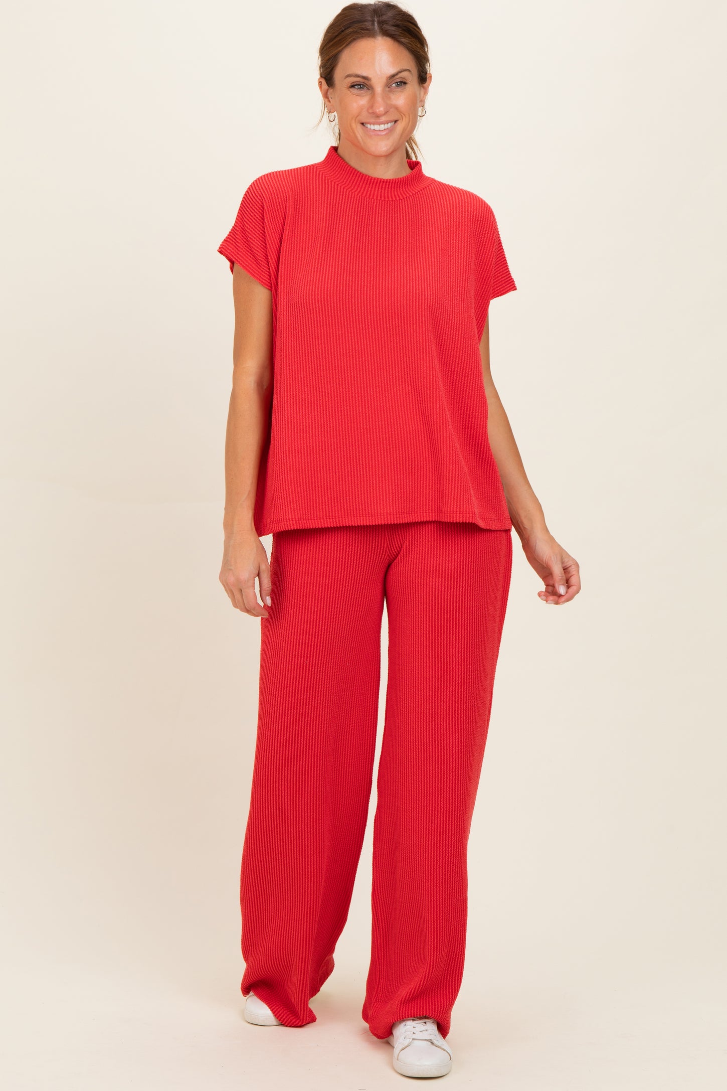 Red Textured Rib Mock Neck Short Sleeve Pant Maternity Set