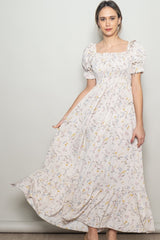 Cream Floral Ruffle Accent Smocked Maxi Dress