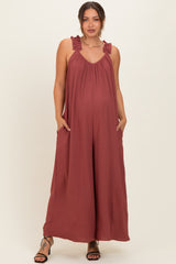 Marsala Ruffle Strap Maternity Wide Leg Jumpsuit