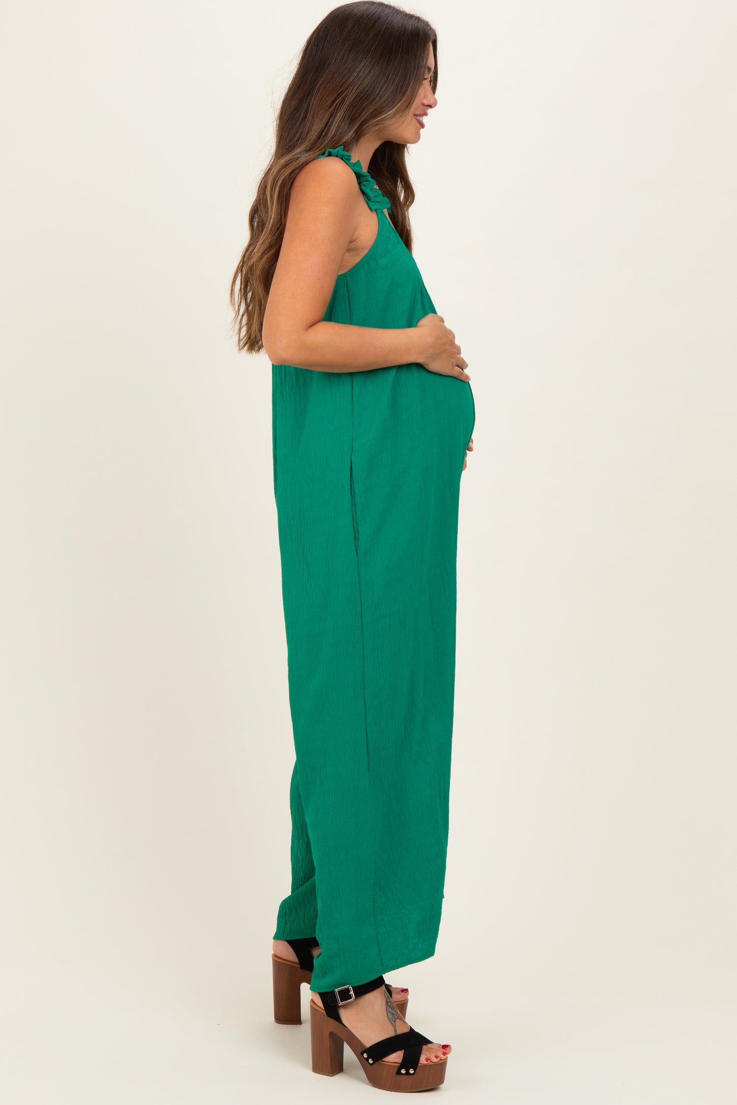 Green Ruffle Strap Maternity Wide Leg Jumpsuit
