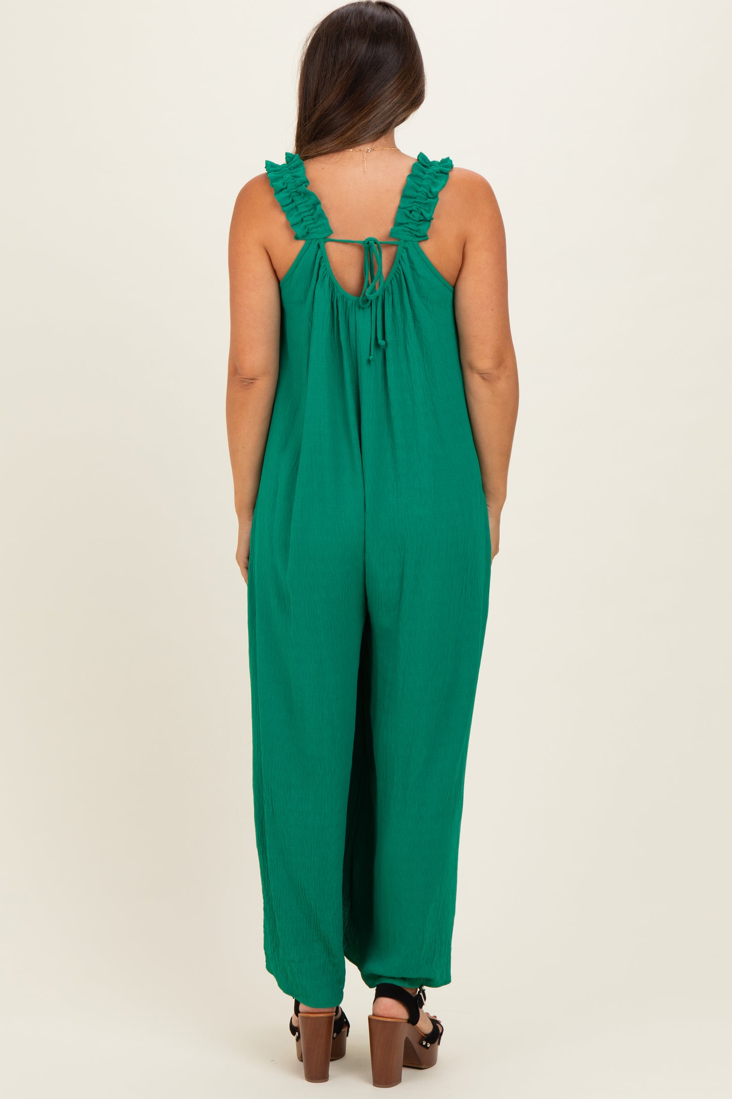 Green Ruffle Strap Maternity Wide Leg Jumpsuit