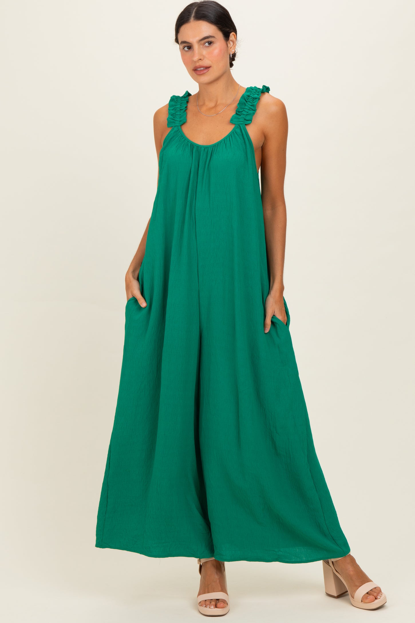 Green Ruffle Strap Maternity Wide Leg Jumpsuit