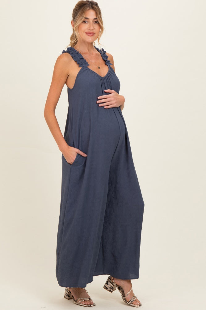 Navy Ruffle Strap Maternity Wide Leg Jumpsuit