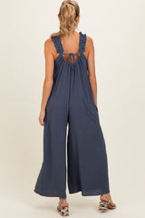 Navy Ruffle Strap Maternity Wide Leg Jumpsuit