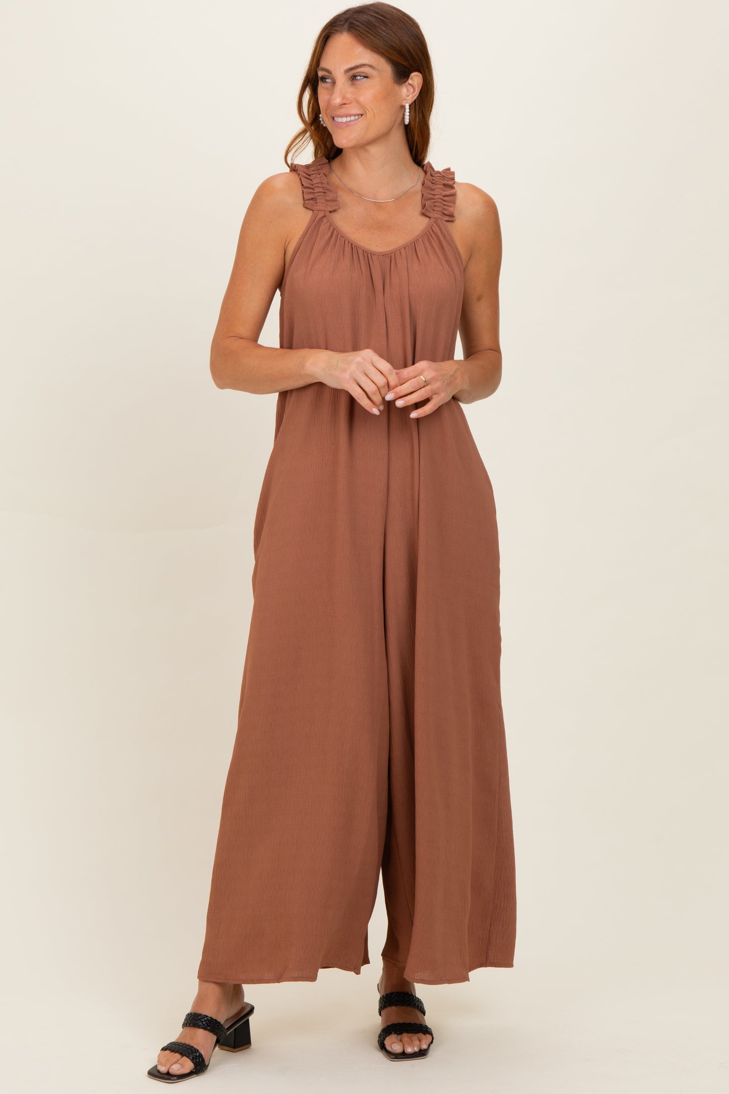 Cappucino Ruffle Strap Maternity Wide Leg Jumpsuit
