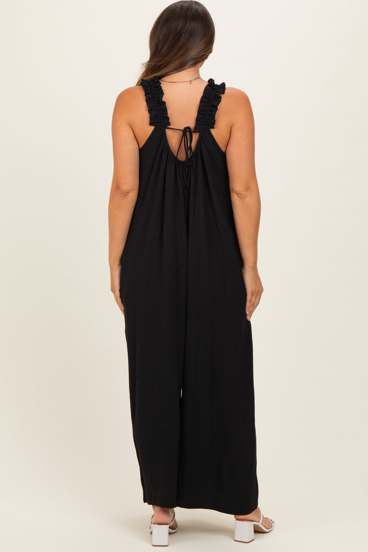 Black Ruffle Strap Maternity Wide Leg Jumpsuit
