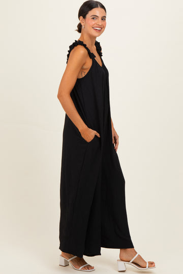 Black Ruffle Strap Wide Leg Jumpsuit