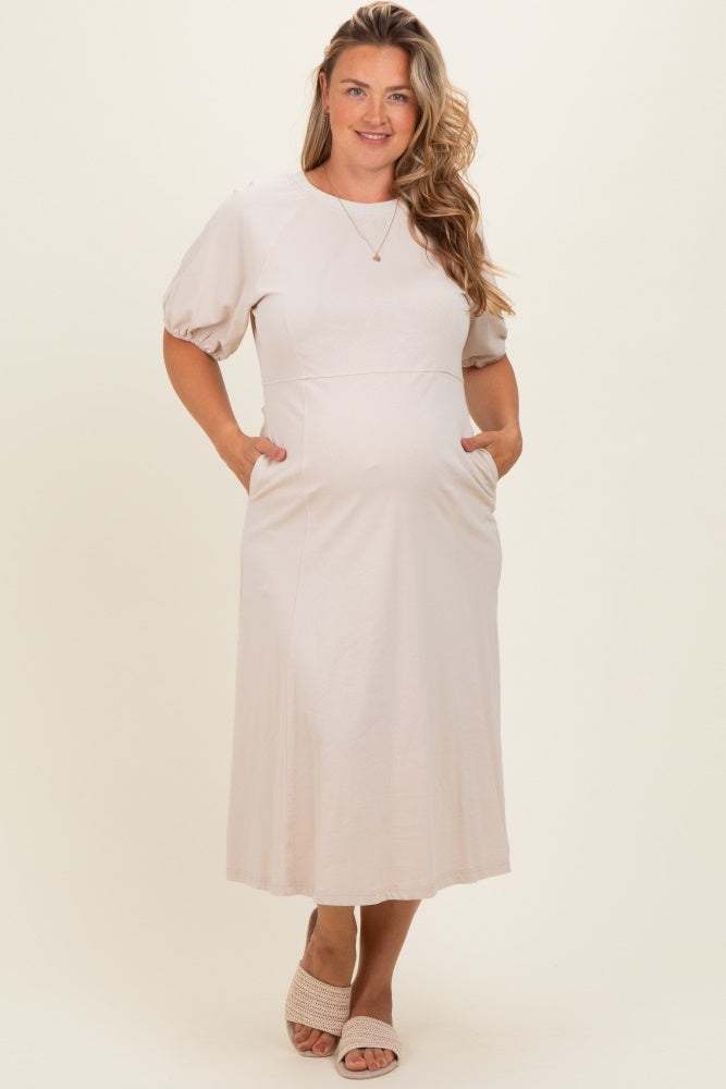 beige maternity dress Beige Puff Sleeve Maternity Plus Midi Dress