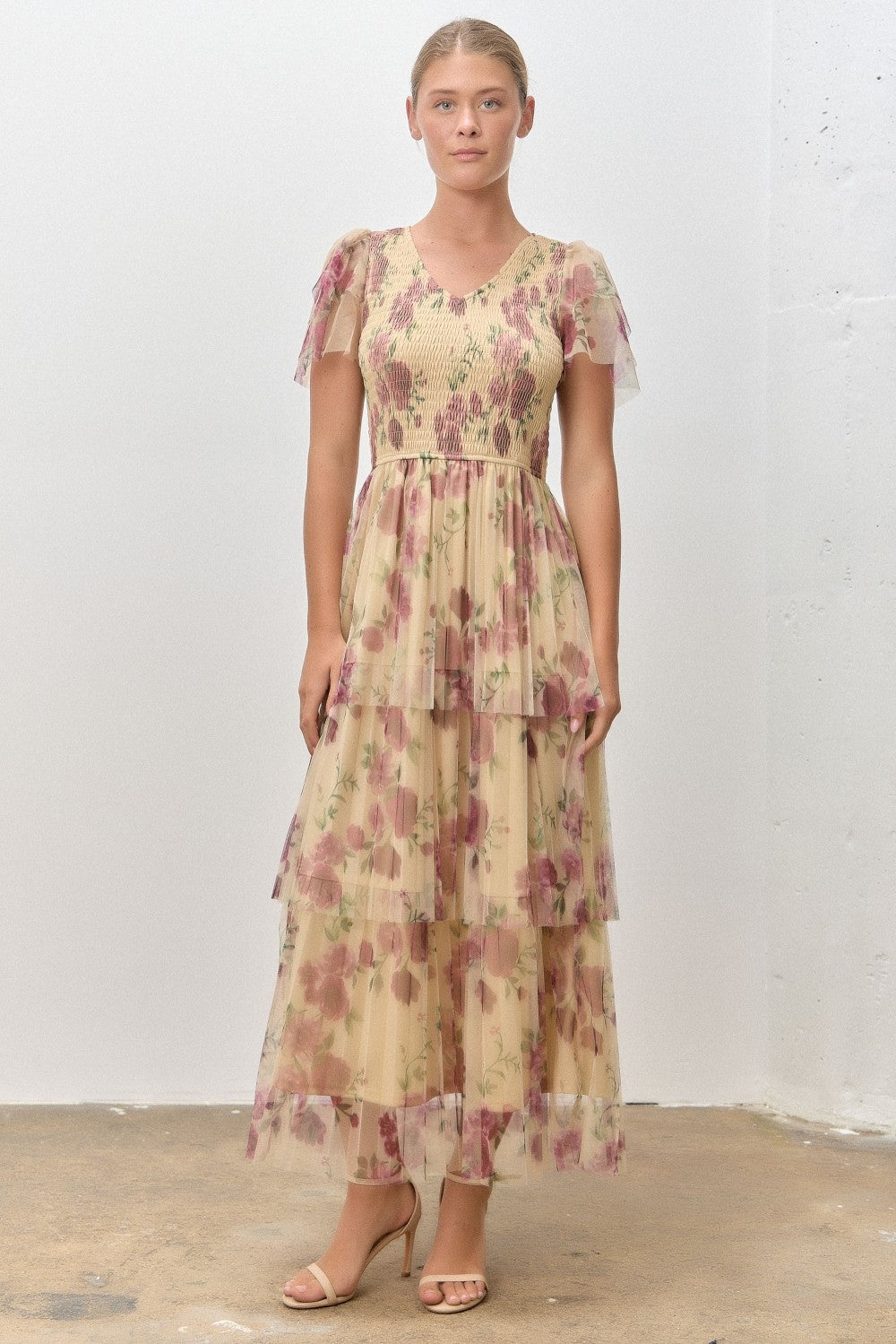 Yellow Floral Print Smocked Tiered Maternity Midi Dress