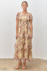 Yellow Floral Print Smocked Tiered Maternity Midi Dress