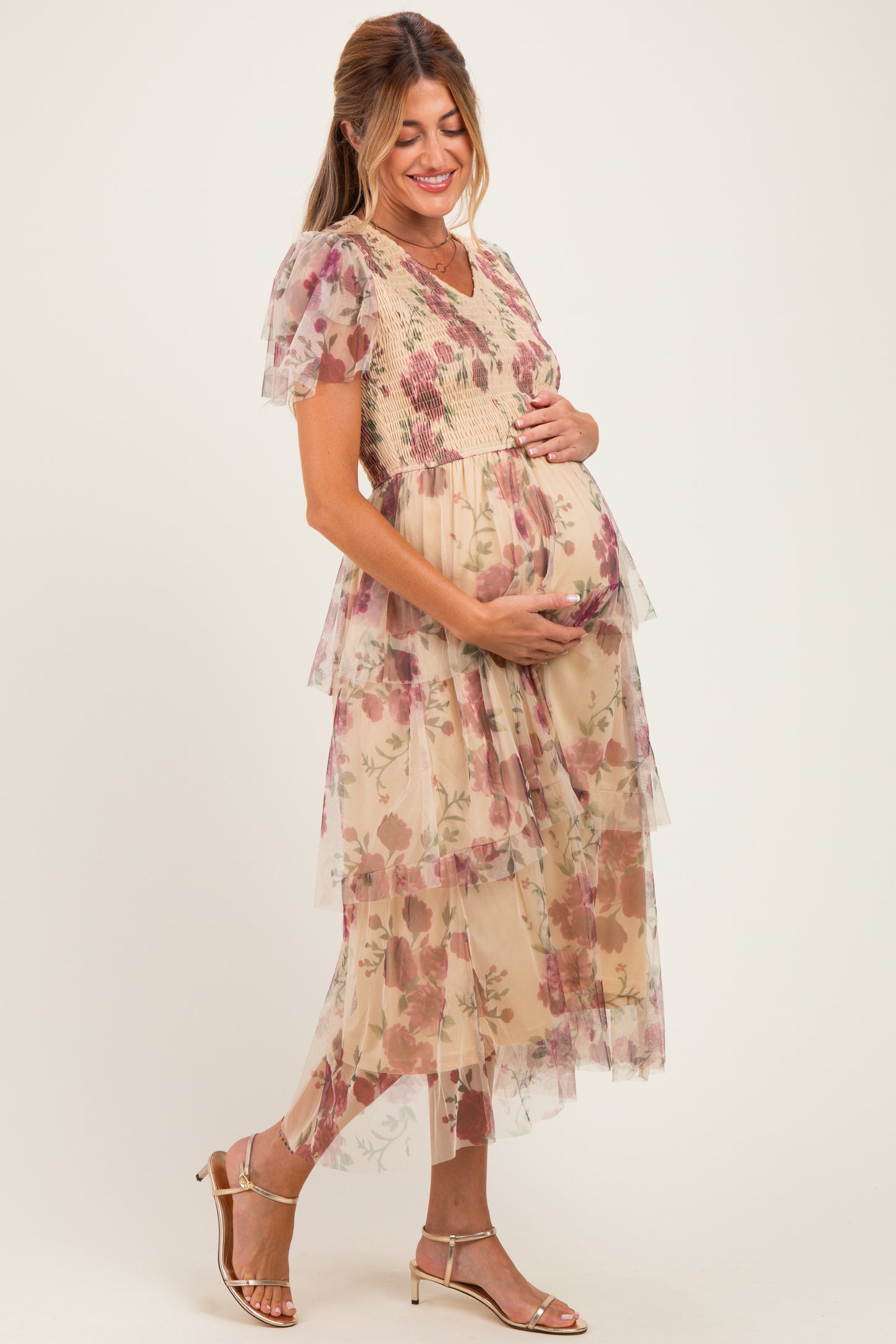 Yellow Floral Print Smocked Tiered Maternity Midi Dress
