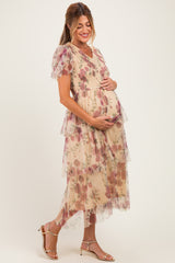 Yellow Floral Print Smocked Tiered Maternity Midi Dress