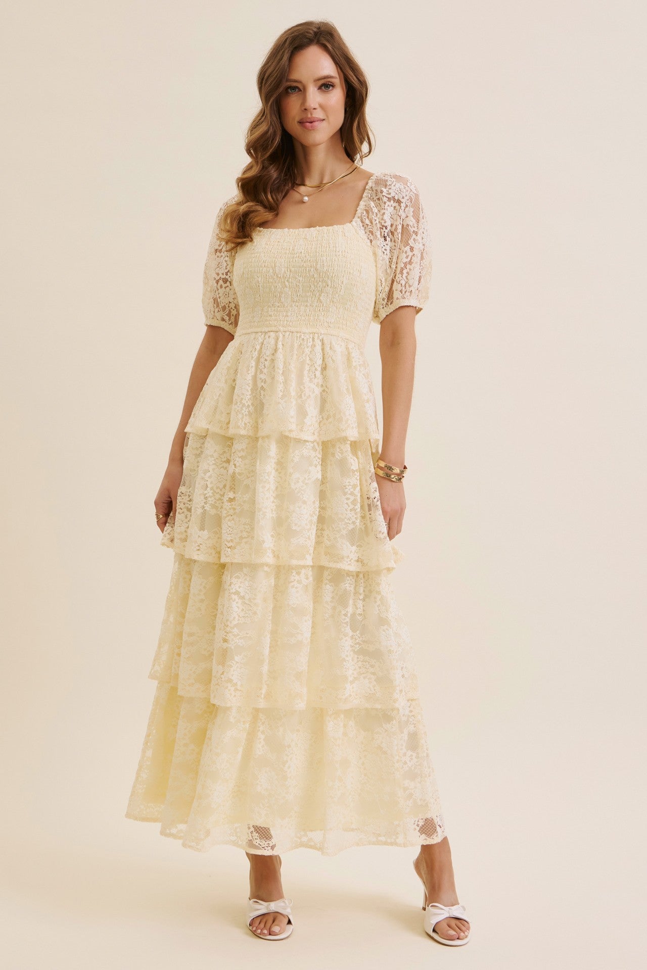 Butter Cream Lace Tiered Smocked Maternity Midi Dress PinkBlush Butter Cream Lace Tiered Smocked Maternity Midi Dress PinkBlush