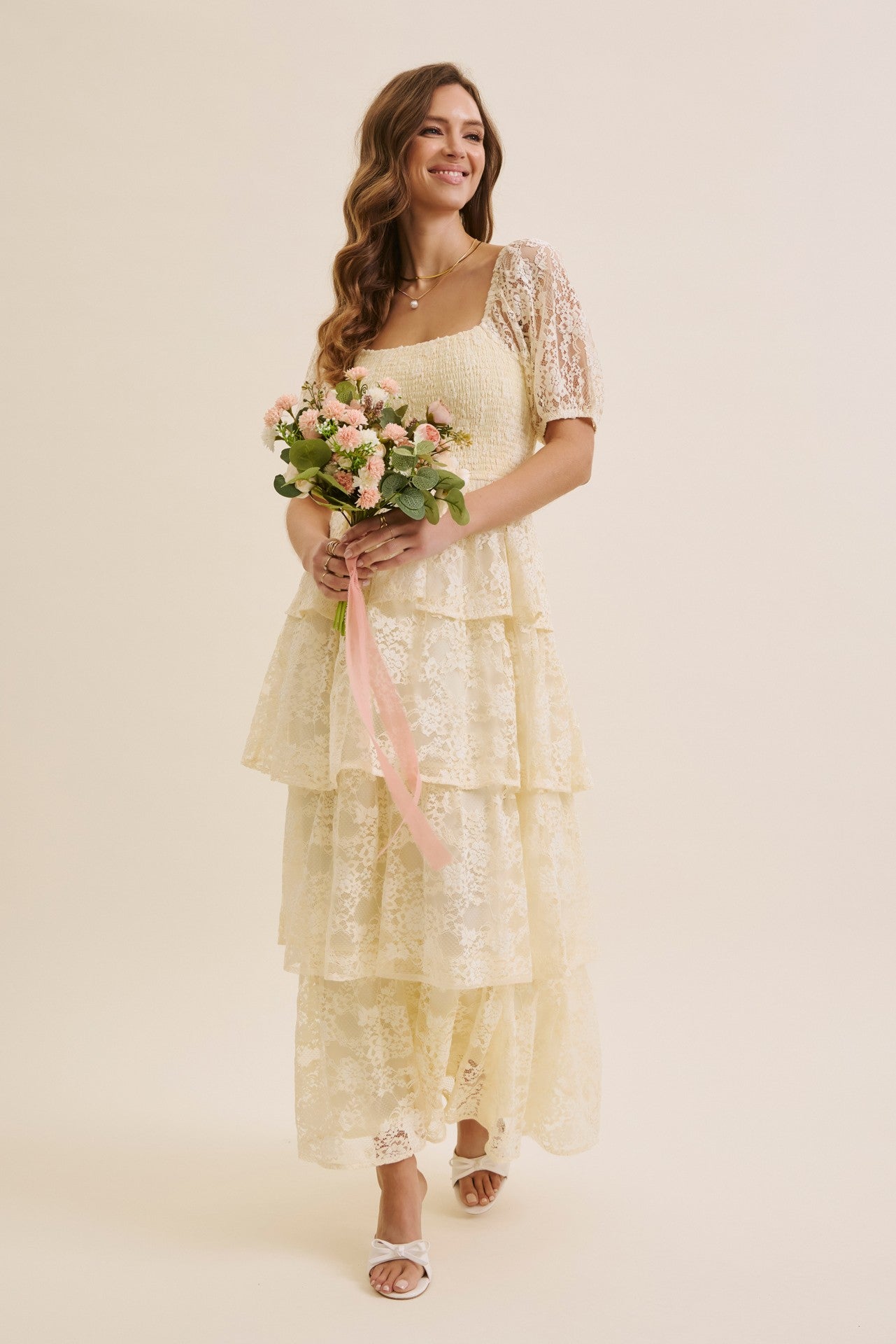 Butter Cream Lace Tiered Smocked Midi Dress