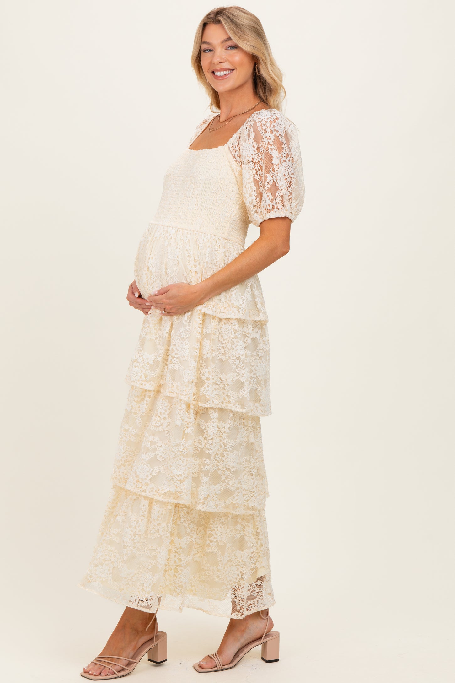 Butter Cream Lace Tiered Smocked Maternity Midi Dress PinkBlush Butter Cream Lace Tiered Smocked Maternity Midi Dress PinkBlush