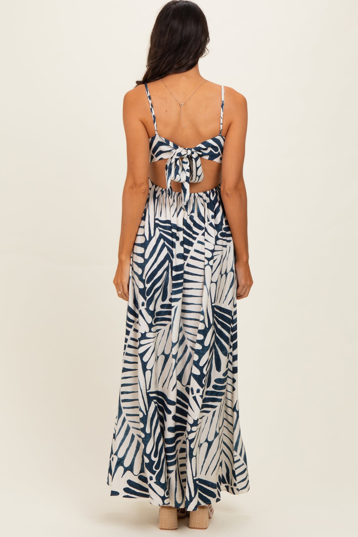 maxi dress with tie back Navy Printed Cutout Tie Back Maxi Dress