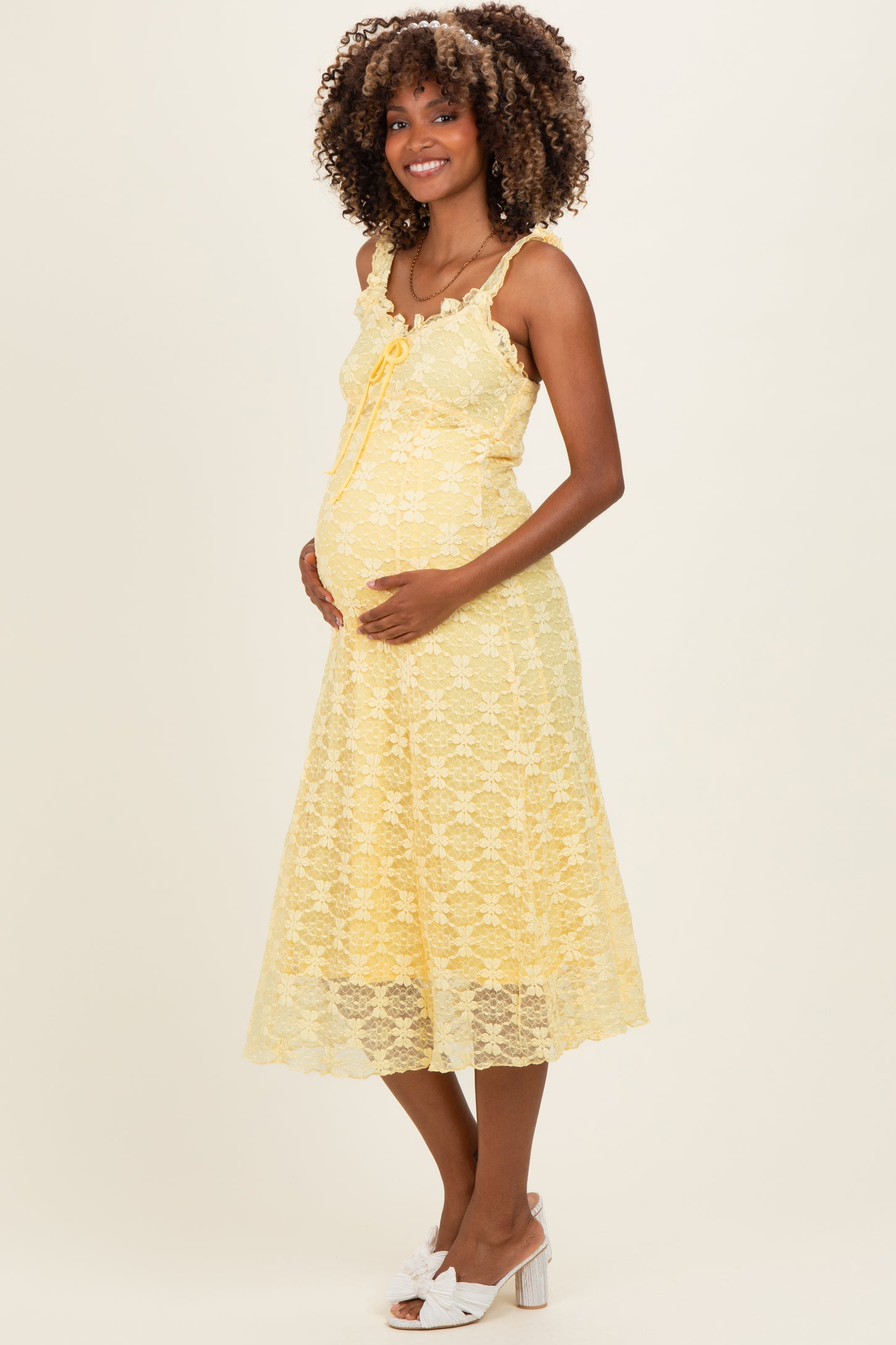 Yellow Floral Lace Ruffle Maternity Midi Dress