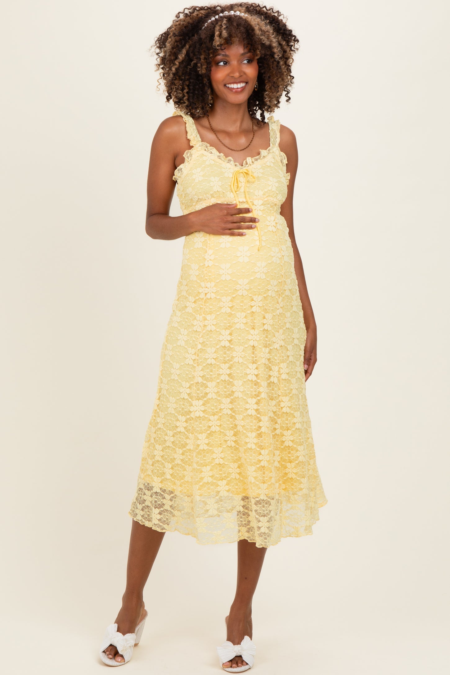 Yellow Floral Lace Ruffle Maternity Midi Dress
