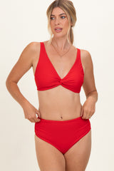 Red Twist Front V-Neck Bikini Set