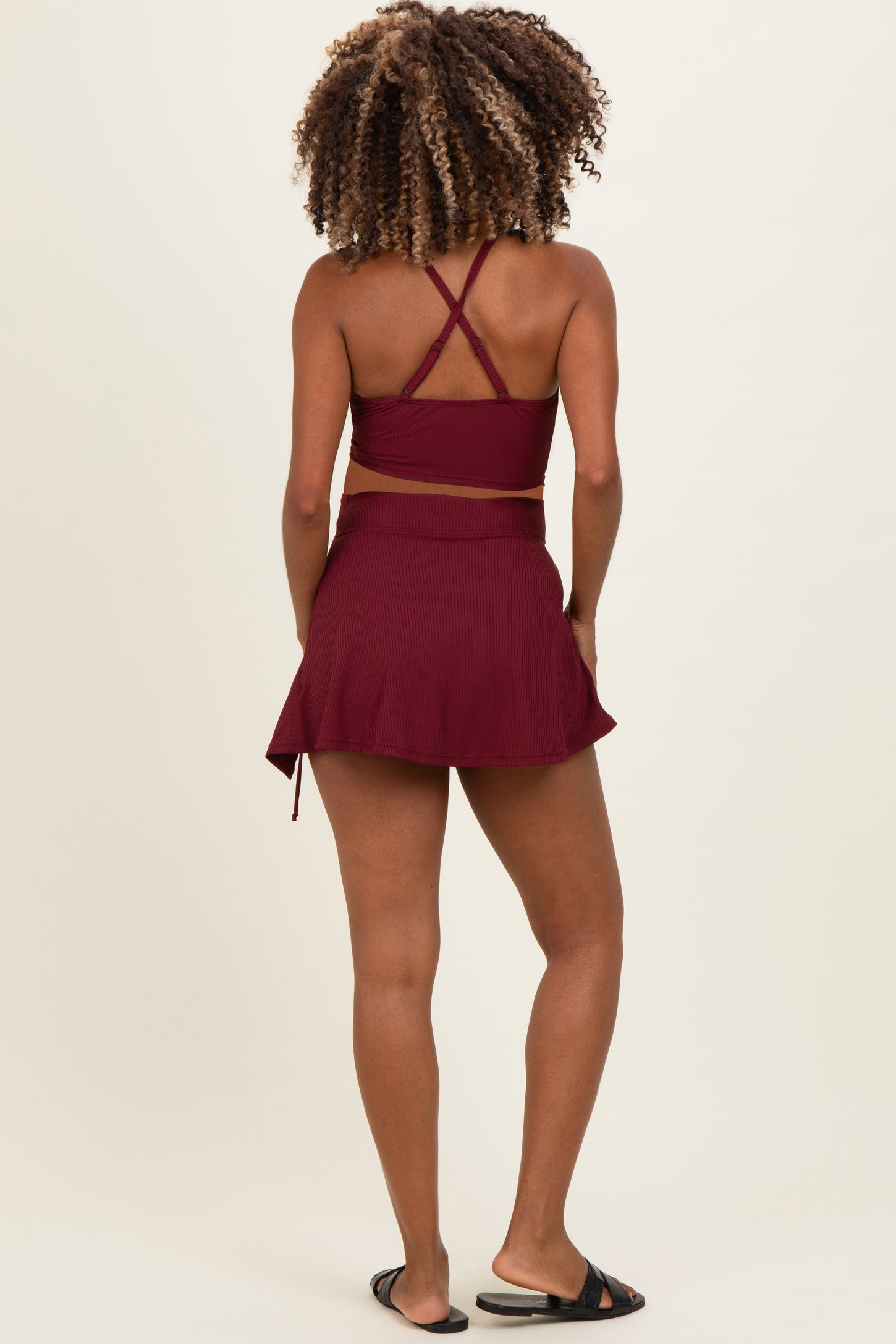 Burgundy Ribbed Crop Tank Swim Skirt Maternity Set