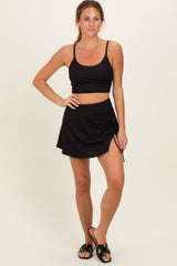 Black Ribbed Crop Tank Swim Skirt Set
