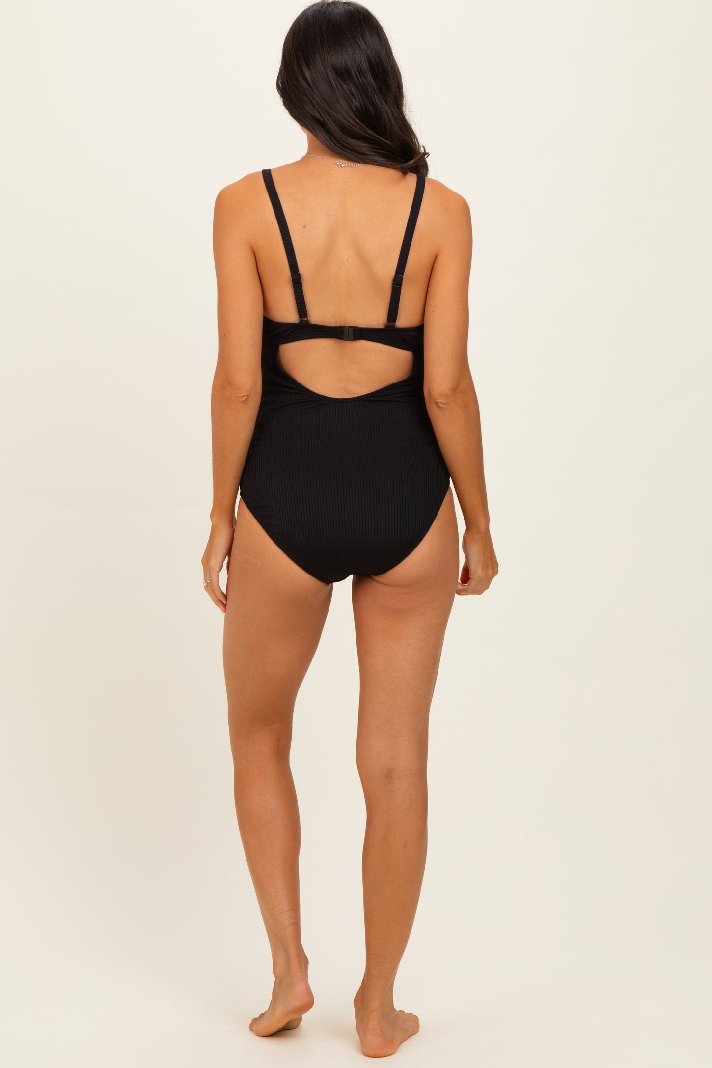 Black Ribbed O-Ring Strap Cutout Back One Piece Swimsuit
