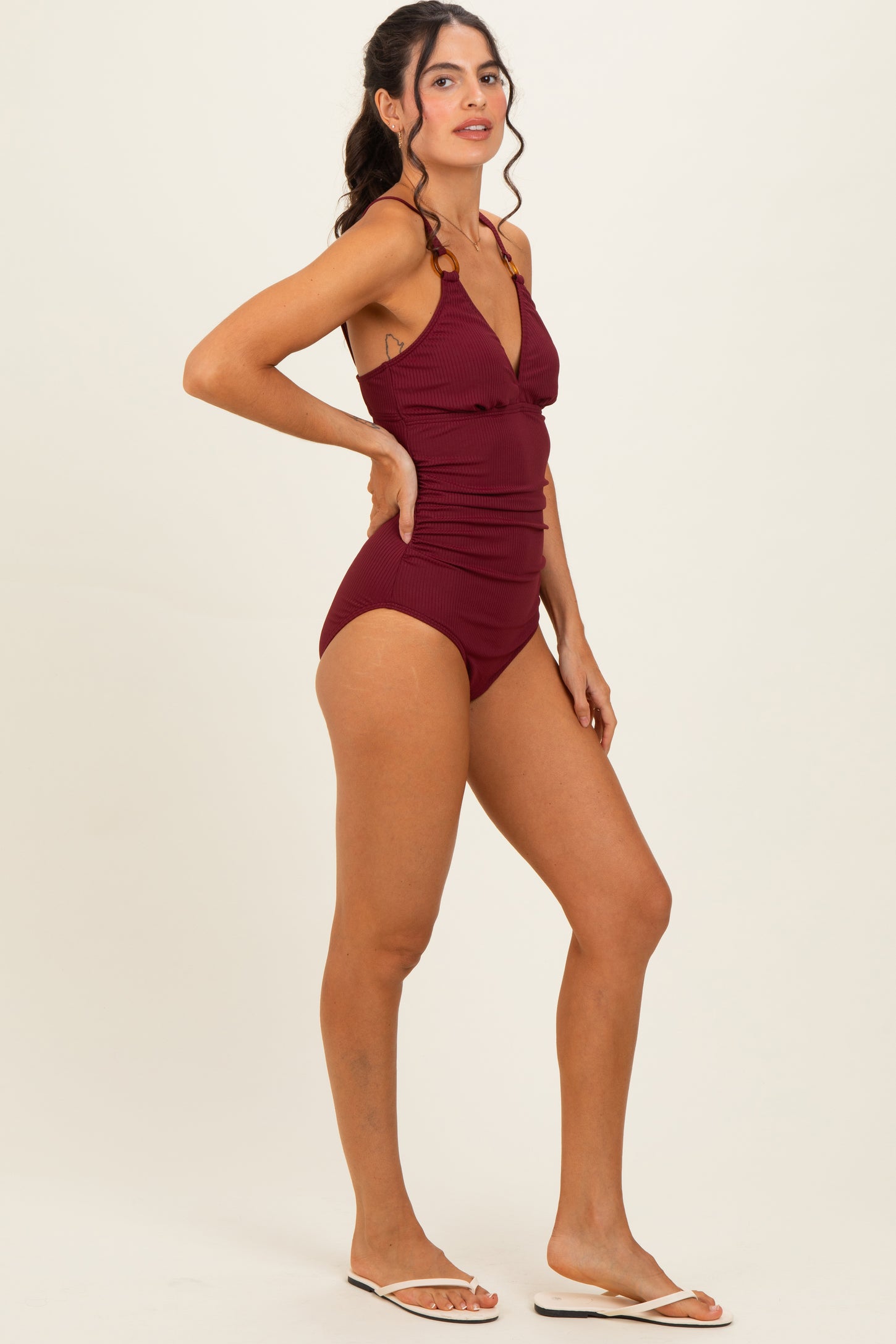 Dark Red Ribbed O-Ring Strap Cutout Back One Piece Swimsuit