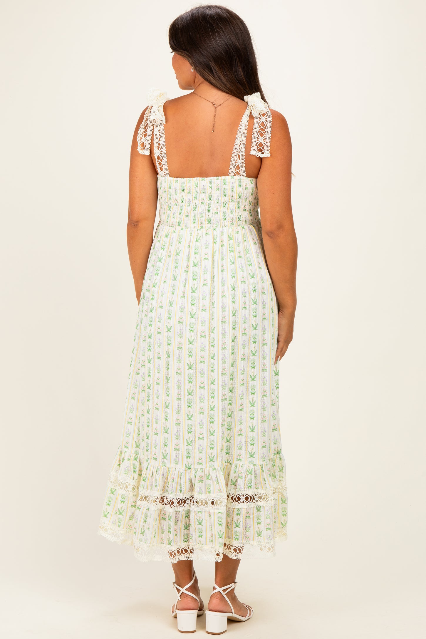 Ivory Floral Crochet Lace Detail Maternity Midi Dress
