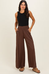 Brown Smocked Waistband Wide Leg Maternity Lounge Pants