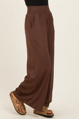 Brown Smocked Waistband Wide Leg Lounge Pants