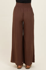 Brown Smocked Waistband Wide Leg Lounge Pants