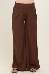 Brown Smocked Waistband Wide Leg Maternity Lounge Pants