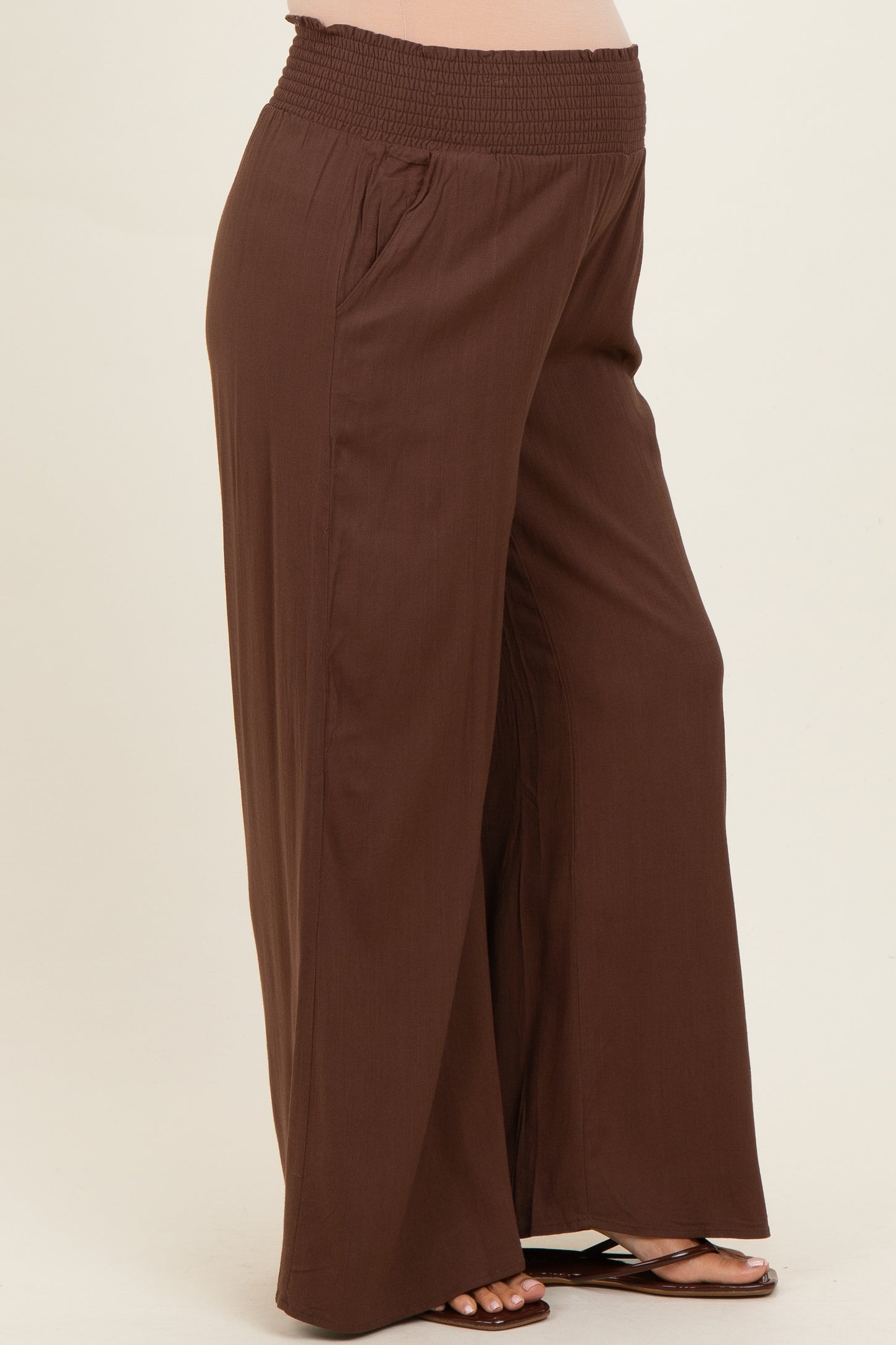Brown Smocked Waistband Wide Leg Maternity Lounge Pants