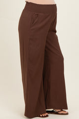 Brown Smocked Waistband Wide Leg Maternity Lounge Pants